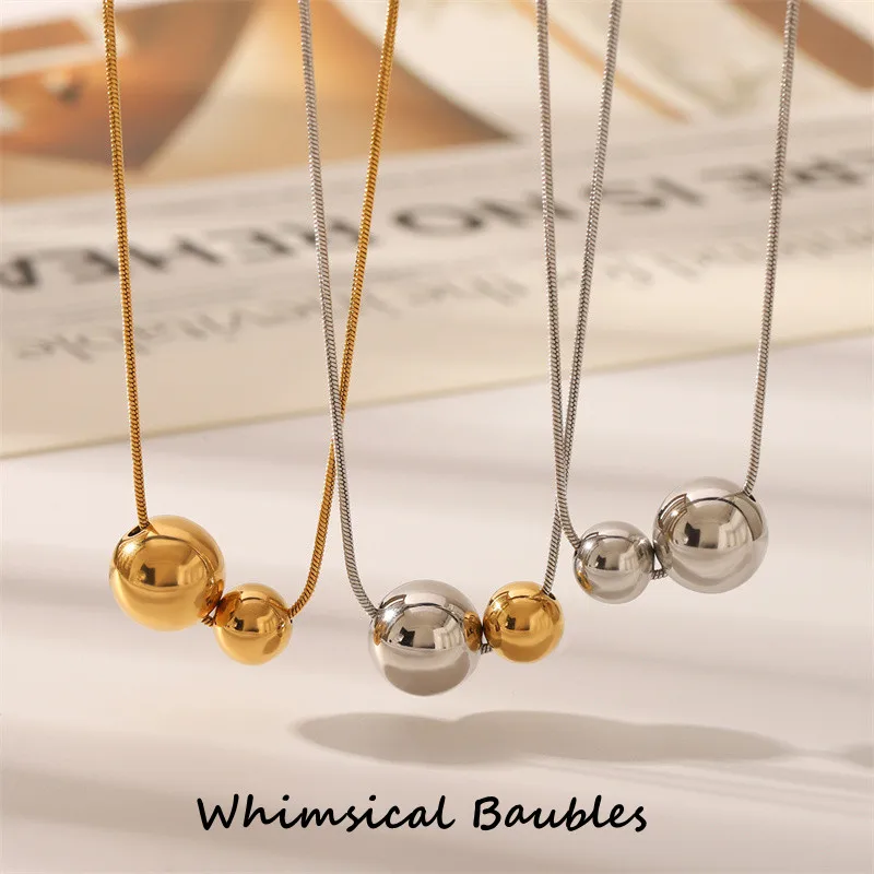 

18K Gold Plated Stainless Steel Round Ball Beads Pendant Necklace for Women Waterproof Jewelry Gift