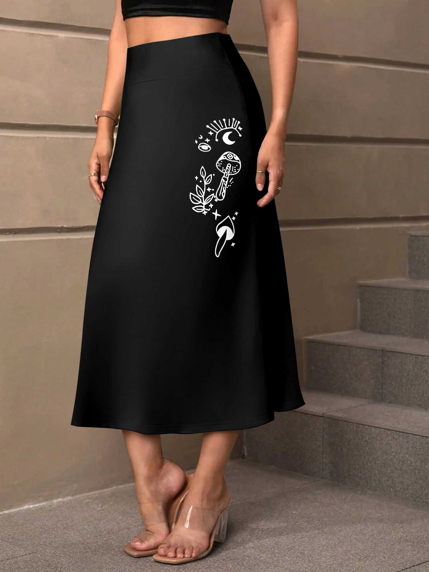 

Fashion High Waist Flowy Midi Skirt, Mystic Moon Eye Mushroom Vertical Print A-line Skirt, Comfort Casual Ladies Skirt
