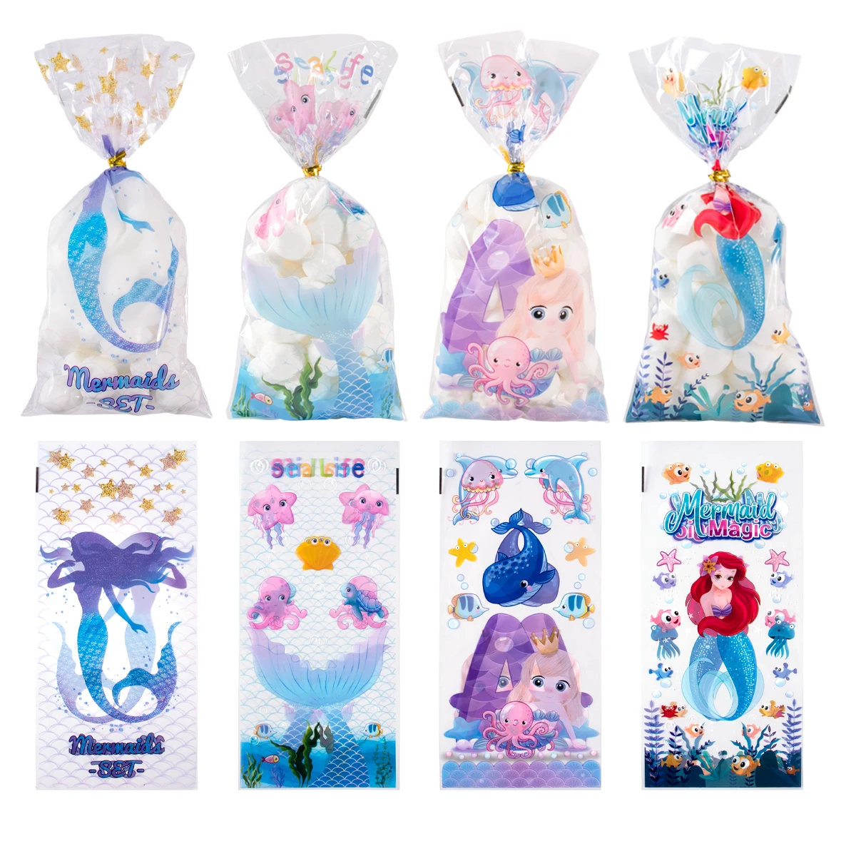 50pcs Mermaid Theme Candy Gift Bags Snack Packing Bag Mermaid Tail Gift Bag for Kids Girl Birthday Supplies Baby Shower Decor