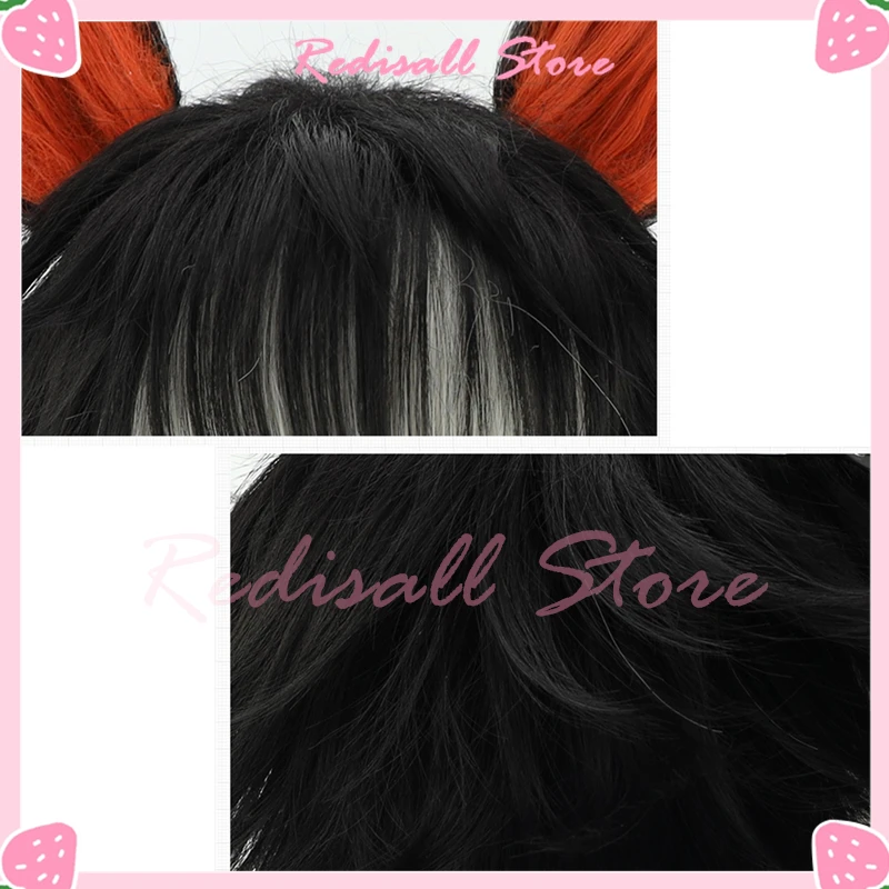 Perruque Cosplay Aak avec Oreilles Courtes et Droites, Cheveux Noirs Mélangés et Rouges, Degré de Chaleur, Vêtements de Sauna de Jeu