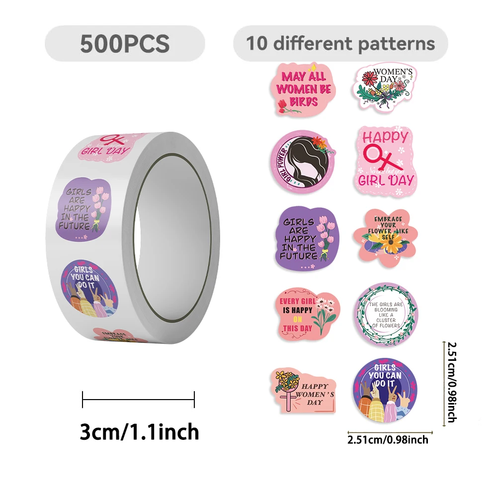500 Stück Roll-Up-Aufkleber zum Damentag, geeignet für Mobiltelefone, Notizbücher, Gepäck und Wasserflaschen, dekorative Doodle-Aufkleber