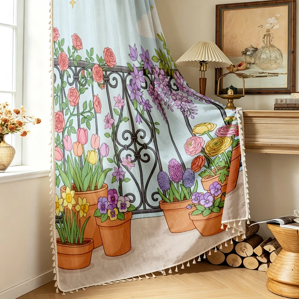 1PC Floral Tassel Sheer Curtains, Colorful Potted Garden Flowers on Balcony, Digital Print, Linen Polyester, Home Living Decor