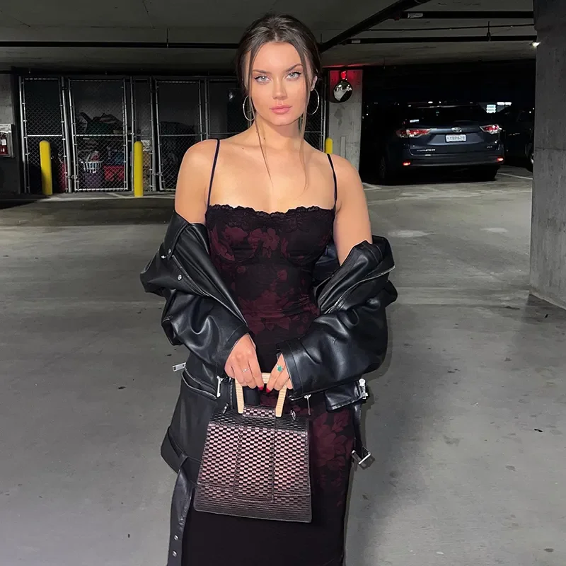 

Women's Burgundy Floral Jacquard Spaghetti Strap Maxi Dress Lace Trim Slim Fit Party Evening Dress