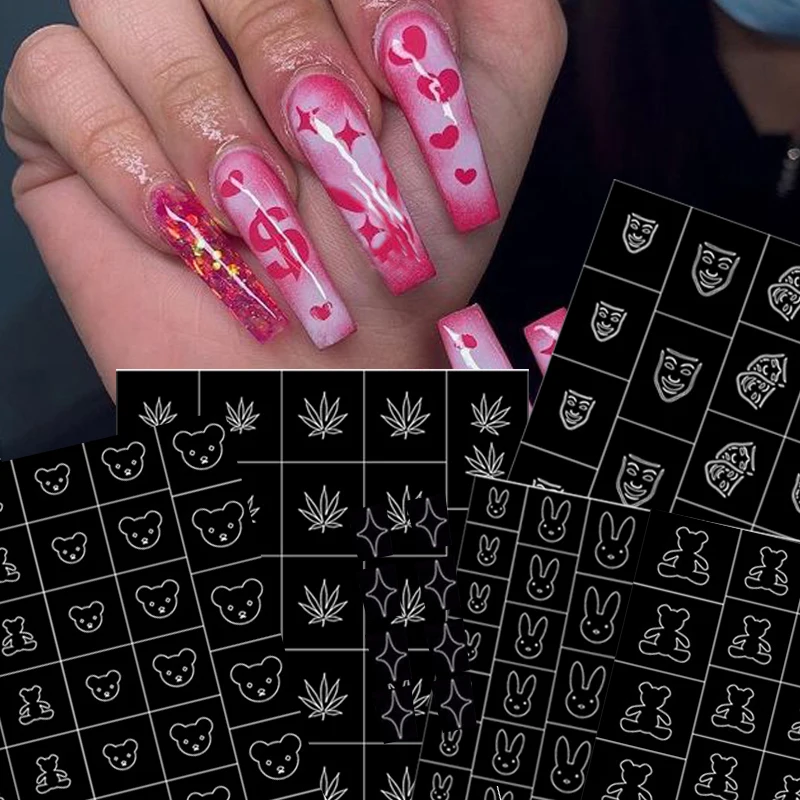 1pcs Nail Art Airbrush Stencils Self-Adhesive Decal Reusable Nail Tattoo Template Trendy Salon Manicure Supply