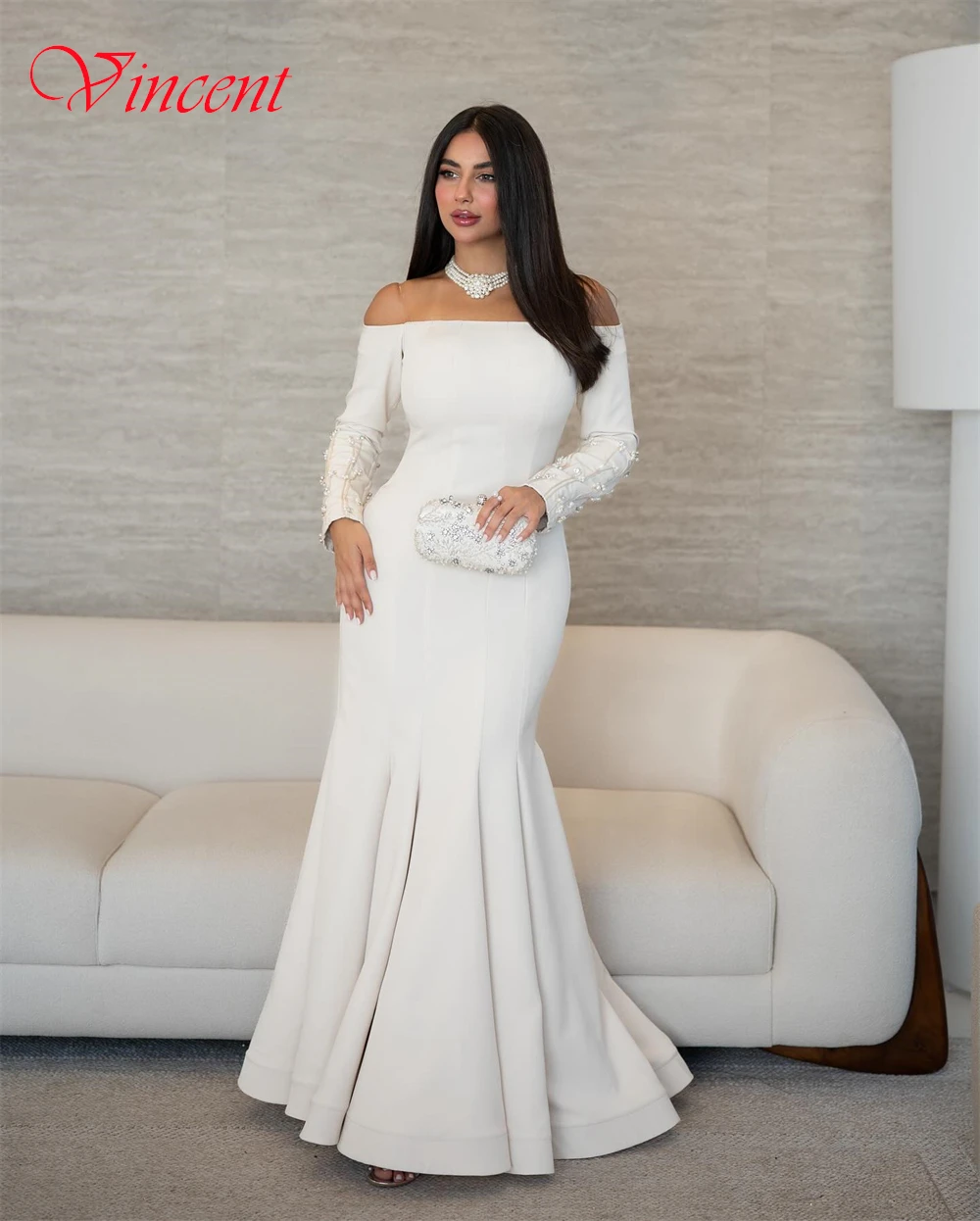 Robe de soirée personnalisée à col bateau et maillot de tempérament, robes d'occasion spéciale et robe de bal délicate à manches longues