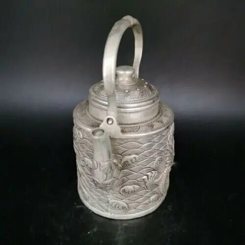 Chinese Tibetan Silver Hand Made Carved Dragon Teapot Qianlong Mark