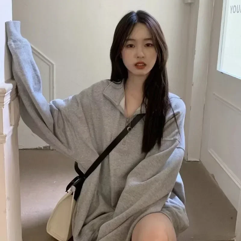 

Y2k Korean Fashion Gray Oversized Sweatshirts Women Harajuku Zip Up Hoodie Vintage Loose Casual Polo Collar Pullover Baggy Tops