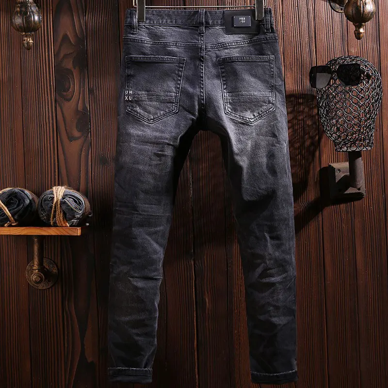 Designer Fashion Men Jeans High Quality Retro Black Gray Stretch Slim Fit Hole Ripped Jeans Men Street Vintage Denim Pants Homme