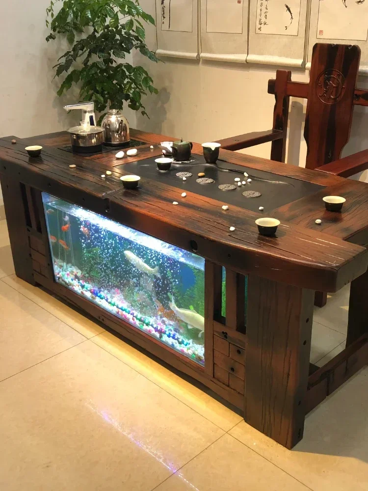 Table-Chair Set Old Ship Wood Multi-Functional Water Fish Tank Tea Table Tea Set New Chinese Glass Zen Simple