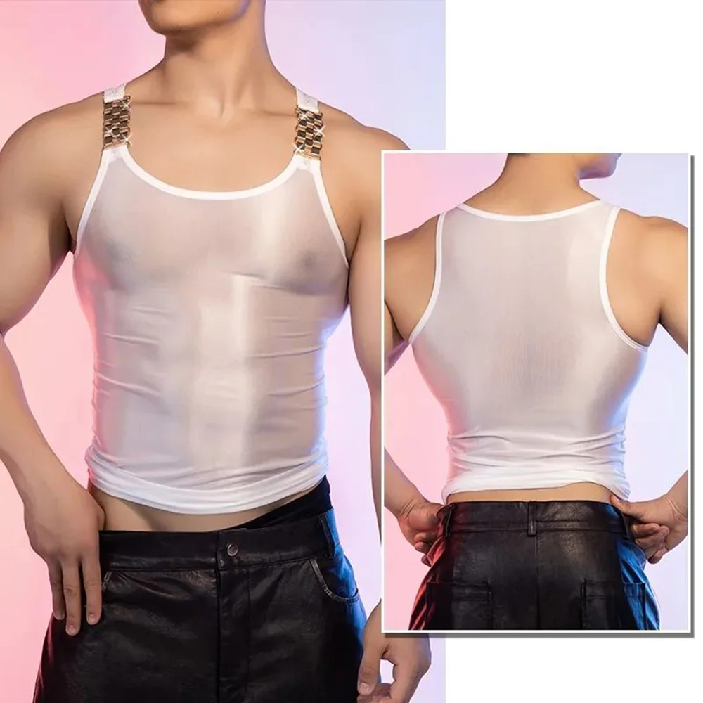 Mens Top Metal Shoulder Straps Semi Transparent Sexy Vest Summer Sports Fitness Thin Shiny Singlet Nightclub Men\'s Clothing 2024