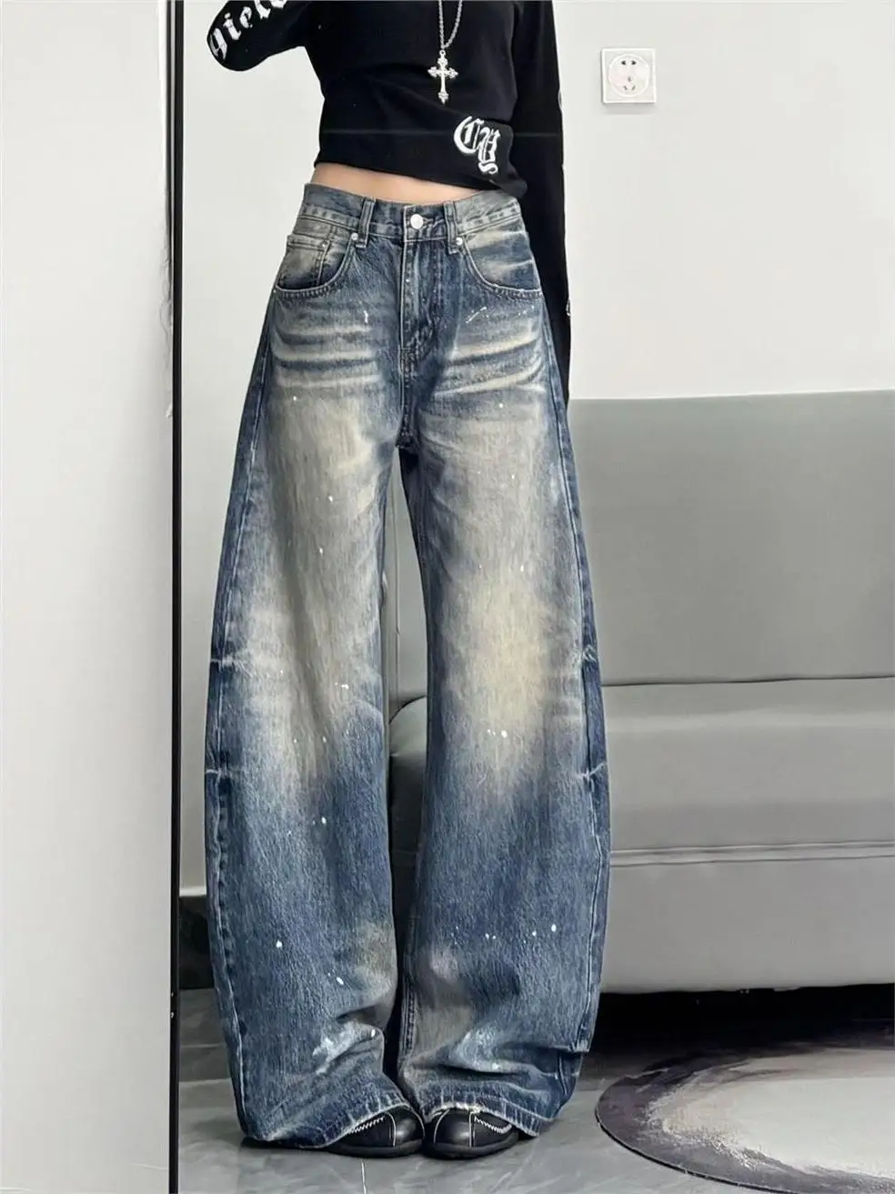 

Ретро-джинсы в американском стиле, широкие, свободные, удлиненные, женские, с эффектом стройности