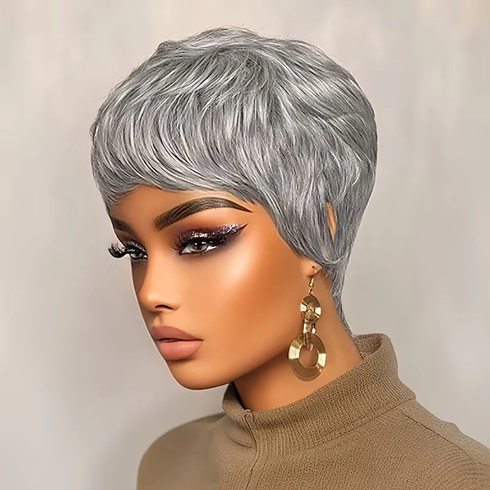 رمادي قصير عابث قطع شعر مستعار شعر طبيعي مفرود الباروكات مع الانفجارات قبل قطعها للنساء الطبقات البرازيلي شعر ريمي آلة صنع قبعة