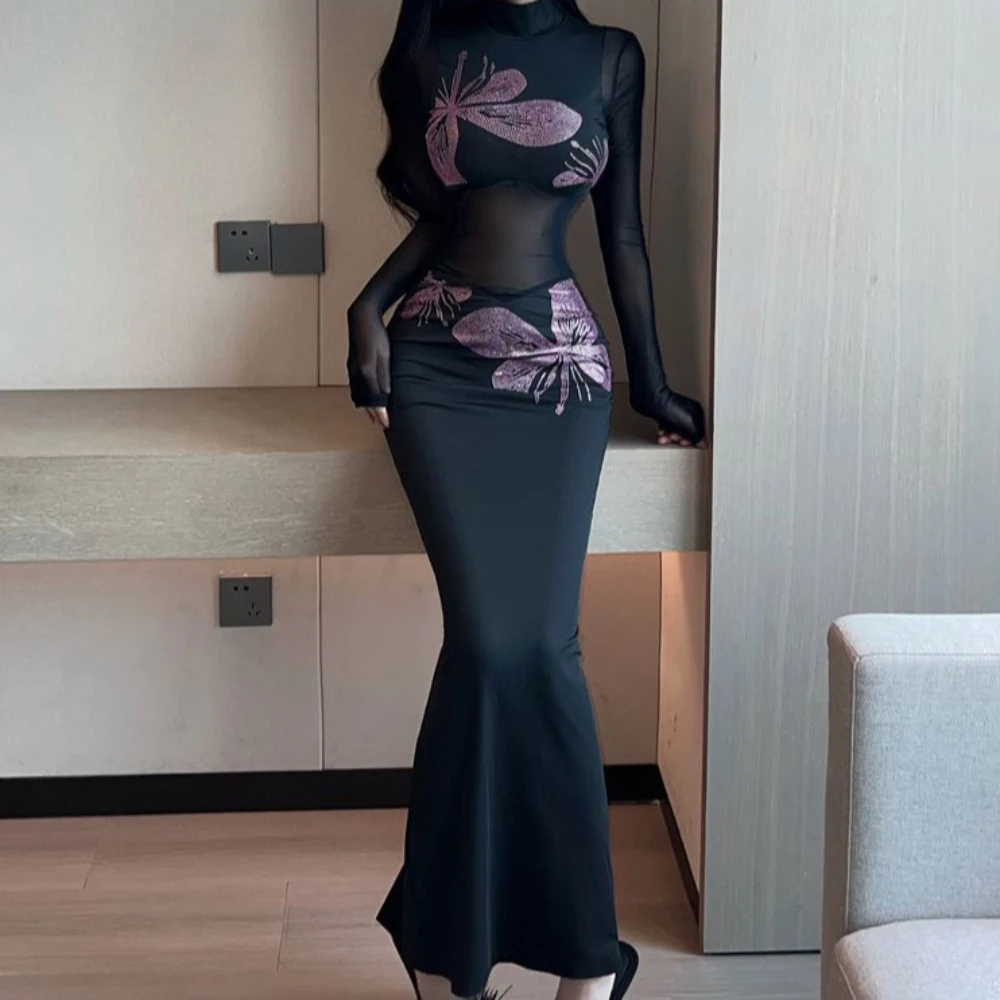 Women's Black Mesh Dress-High Neck Long Sleeve Flower Decor Bodycon Mermaid Maxi with Back Slit Sexy Elegant Dress Spring Autumn