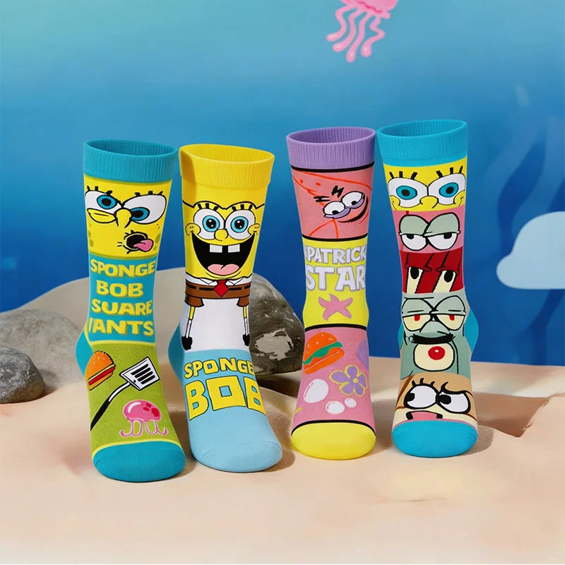 

New Style Funny Yellow Sponge Cartoon Square Anime Cartoon Character Personalized Novelty Socks Men Women Breathable Cotton Hip