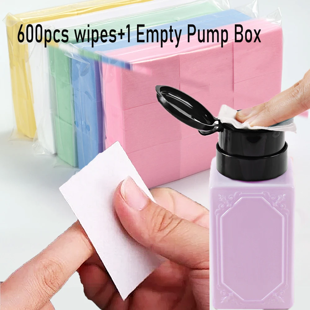 600 sztuk/opakowanie chusteczek do usuwania lakieru hybrydowego z 1 pustą butelką z pompką, bezpyłowe płatki kosmetyczne do czyszczenia paznokci, profesjonalne narzędzia do paznokci