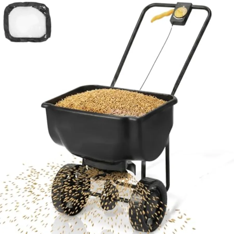 

All season fertilizer spreader for seed fertilizer ice melt; waterproof hopper 70 LBS capacity 15-level precise control 8-inch