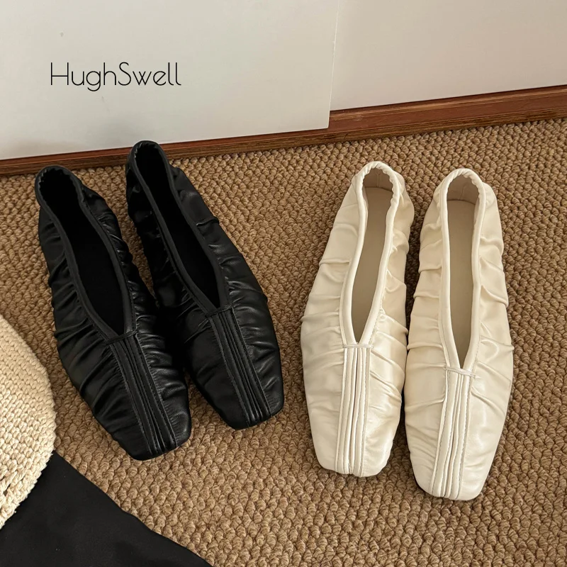 

Luxury Pleated Cozy Cloud Shoes Woman Brand Design Concise Soft Leather Ballet Flats Ladies Elegant Lazy Shallow Pouch Loafers
