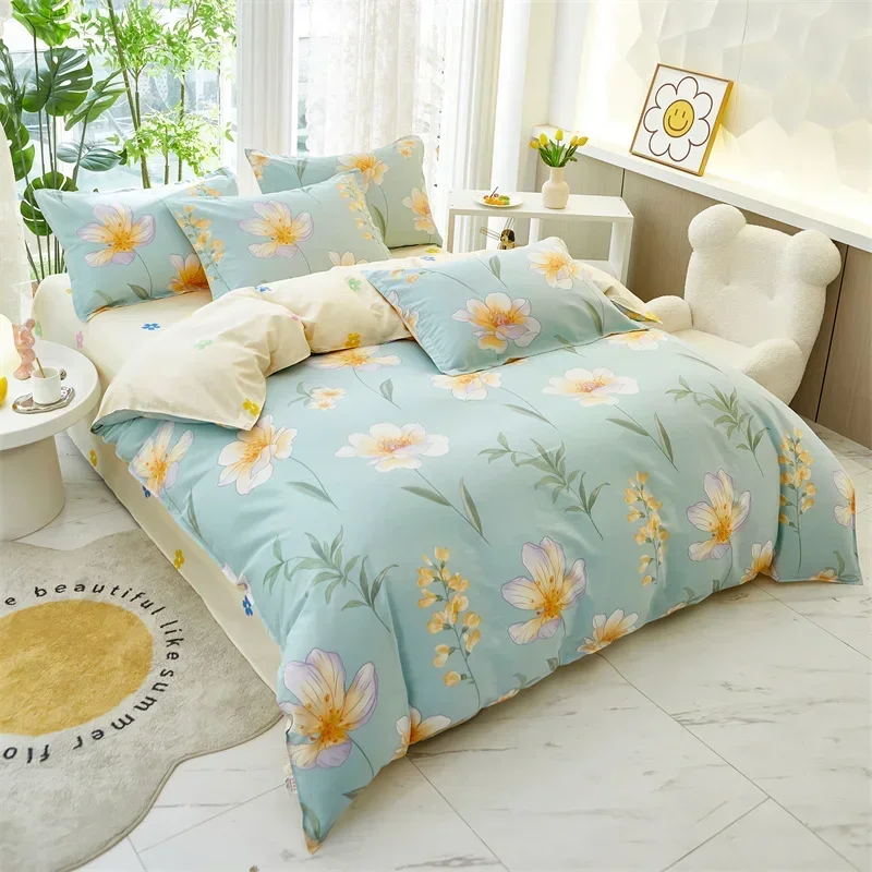 Botanical Green Leaves Yellow Floral Duvet Cover Twin 3PCS Garden Flower Bedding Set Cotton Reversible Flowers Comforter Cover