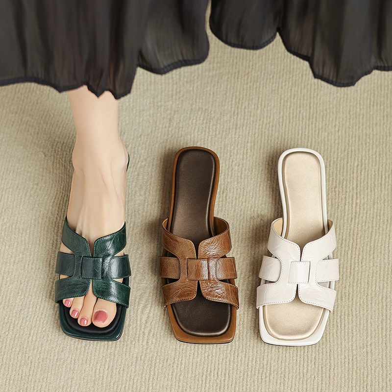 2026 new summer women pumps natural leather 22-25cm  sheepskin+satin cross-strap mules round heel women slippers fashion