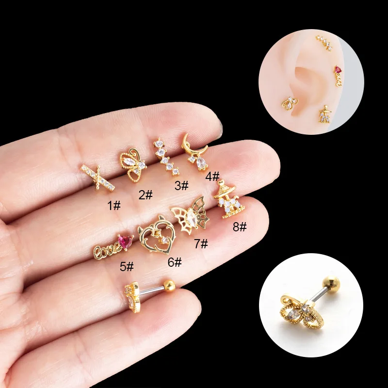 1PC Stainless Steel 0.8mm Thin Rod Piercing Stud Earrings Cute Love Heat Butterfly Carousel CZ Ear Bone Nails for Teens Ear Cuff