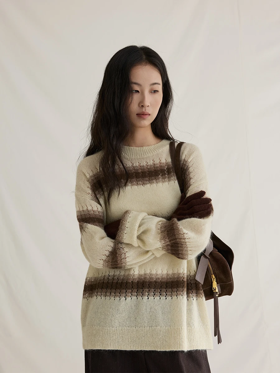 

Женский мягкий свитер оверсайз CAREMIND с градиентным цветом, ажурной вязкой, длинными рукавами и круглым вырезом, из смесовой шерсти