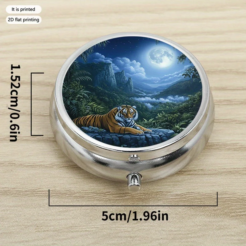 Tiger 98 Printed Round Multi-Purpose Metal Box, Metal Sheet Box, 3-Layer Portable Lightweight Design, Suitable for Travel and Outdoor Activities, Multi-Layer Storage Box for Vitamins, Organizer Box, Small Gift Collection Box, Printed Position May Vary