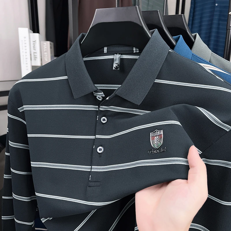 

Дизайнеры роскошные бренды длинными рукавами Polo рубашки мода классические полоски значки высокого класса вышивка мужские новая пункт футболка для отдыха