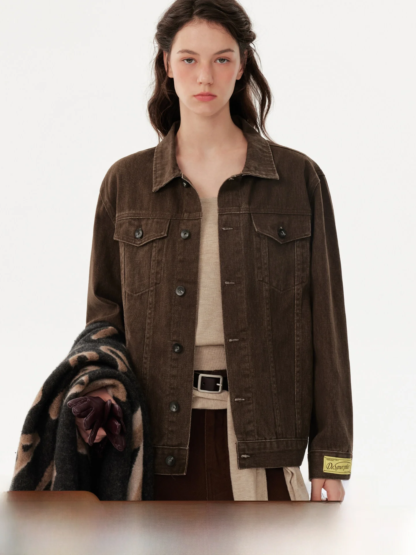 

Ретро-куртка из чистого хлопкового денима для женщин, ранняя осень, с отложным воротником, повседневная, прямого кроя