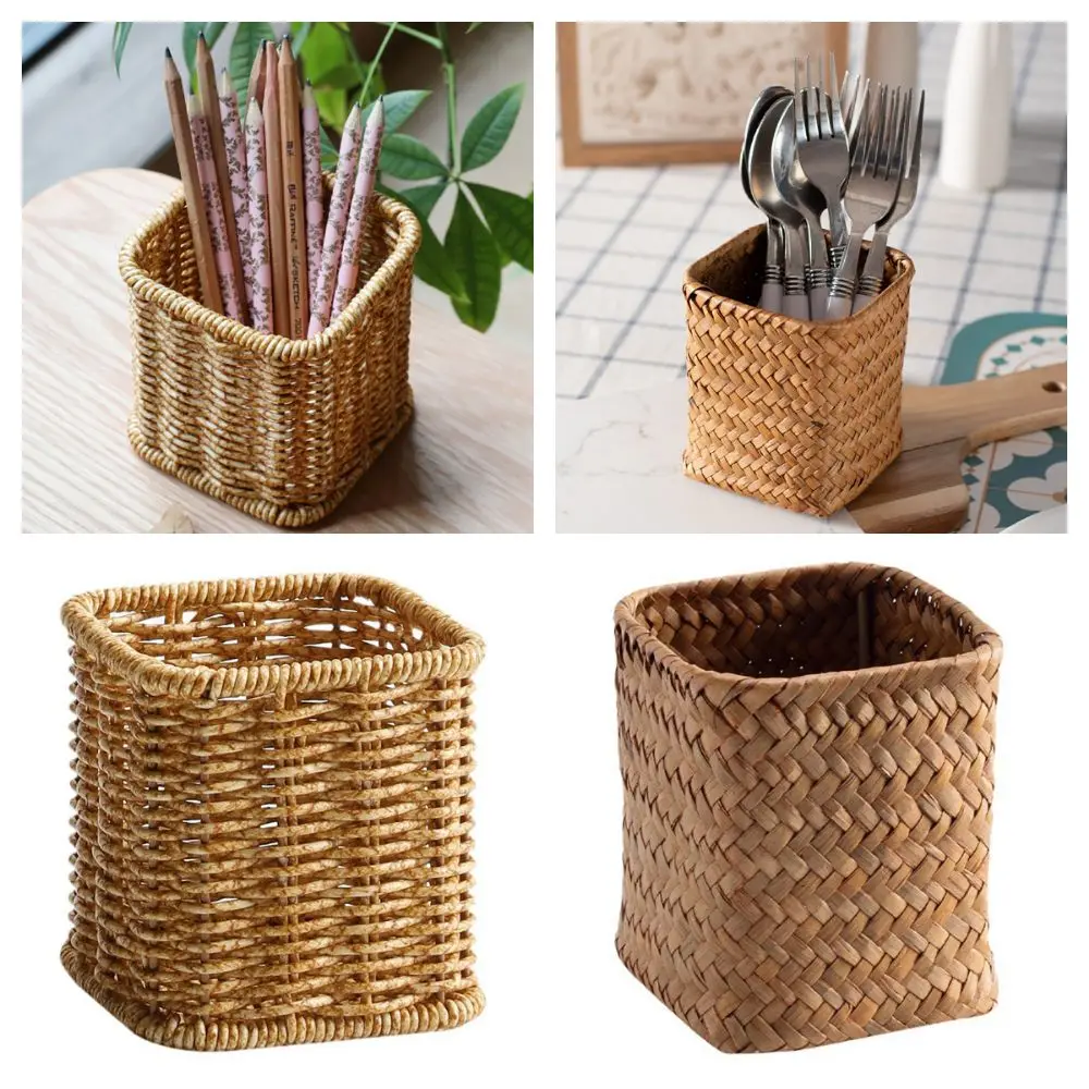 

High Quality Multi-function Pen Container Khaki Brown Storage Basket Woven Tool Makeup Brushes Bucket