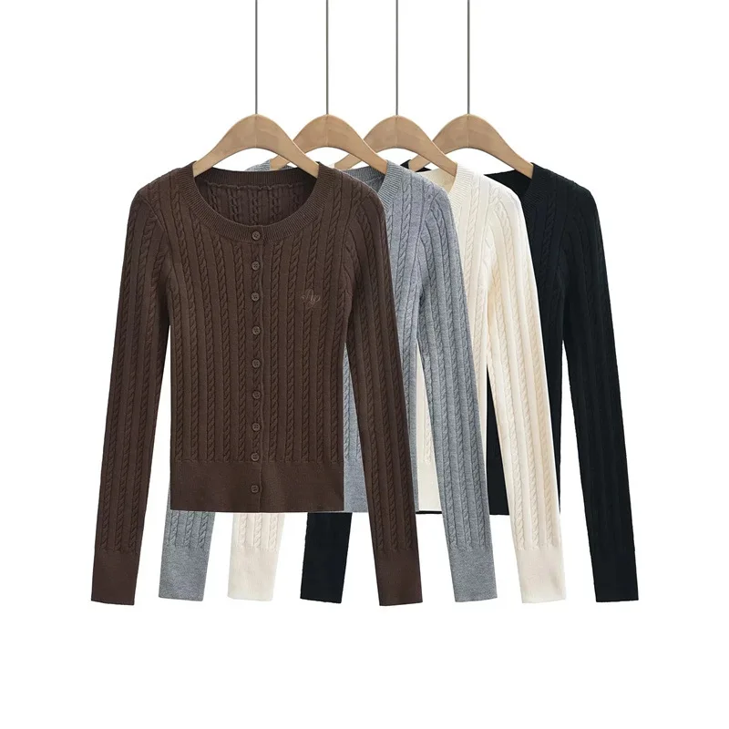 

American preppy style fashionable twist round neck long sleeve sweater autumn new single row buckle slim temperament cardigan