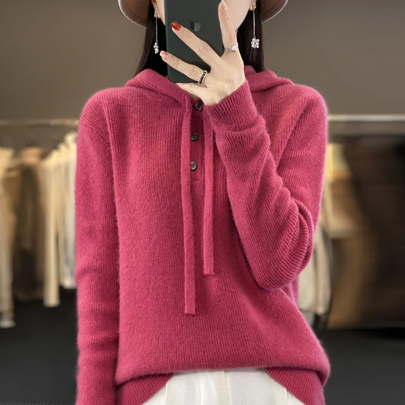 100% Wool Soft Sweater Women\'s Autumn Winter Long-sleeved Hooded Collar Pullover Solid Loose Thick Bottoming Warm Shirt Top