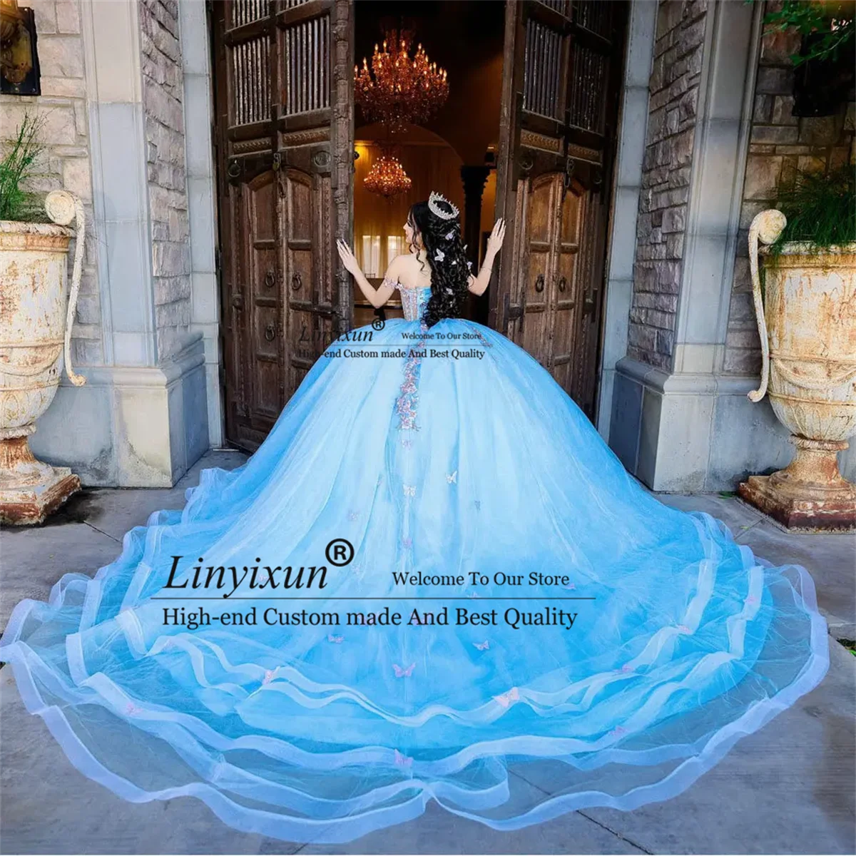 Elegance Blue Quinceanera Dresses 3D Flowers Illusion  Ball Gown Off The Shoulder Beading Appliques Corset Vestidos De 1516 Años