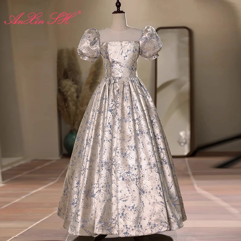 AnXin SH vintage princess blue flower satin o neck short puff sleeve ball gown host stage lace up party customized evening dress