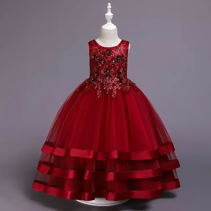 

New Girls Kids Flower Girls Flower Princess Dress Lace Beaded Wedding Dress Multi-Layer Satin Beaded Party Host Dress