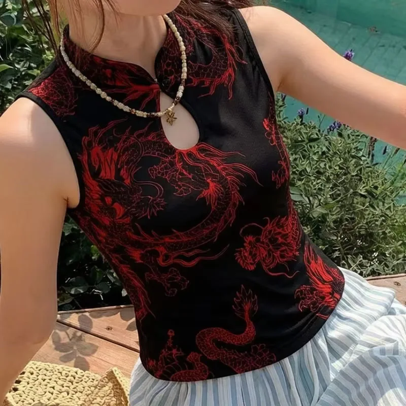 Summer Retro Black Dragon Print Water Drop Sexy Hollow Top New Chinese Cheongsam Collar Buckle Decoration Women's Fashion Vest