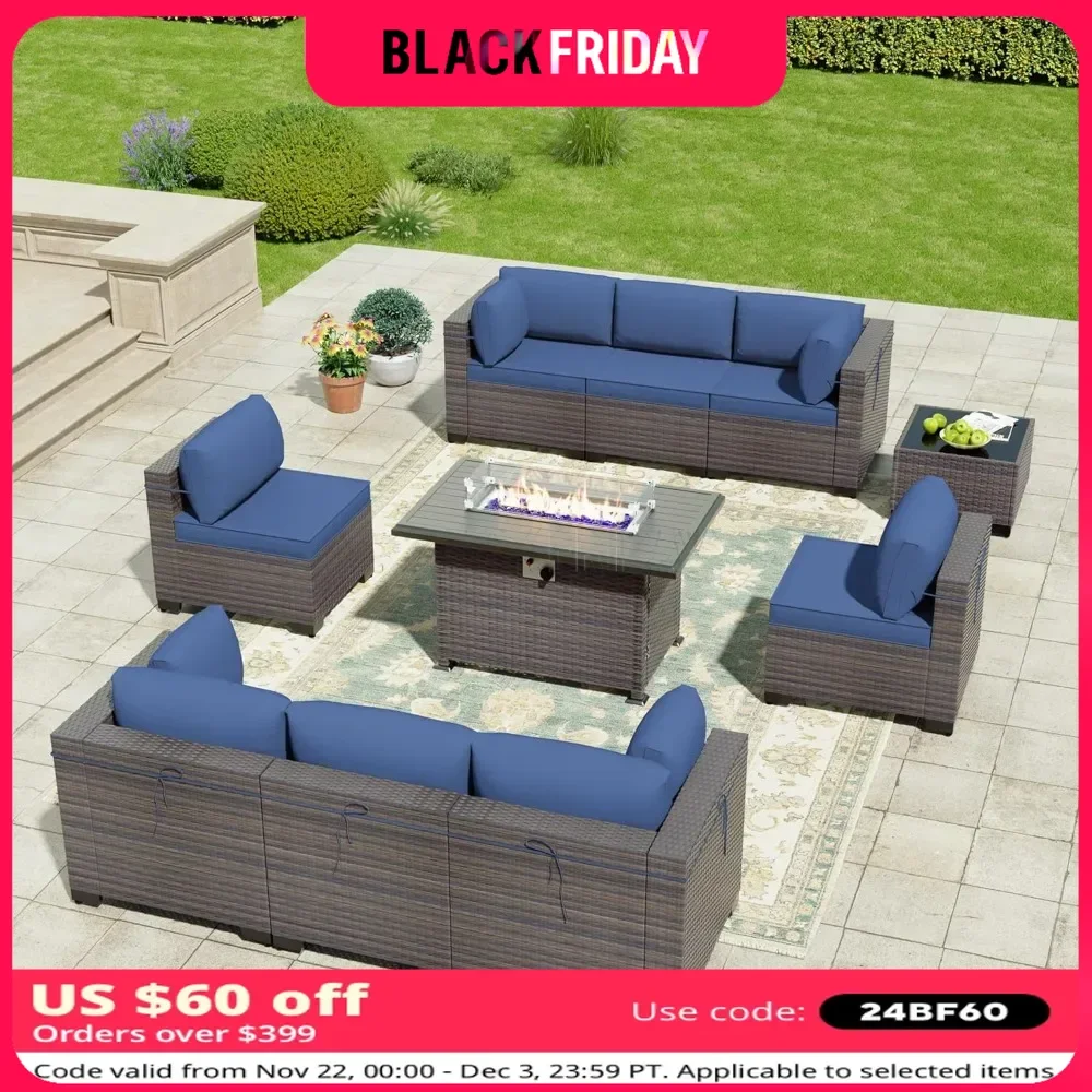 

10 Pieces Outdoor Patio Furniture Set with 55000BTU Gas Propane Fire Pit Table,PE Wicker Rattan Sectional Sofa Conversation Sets