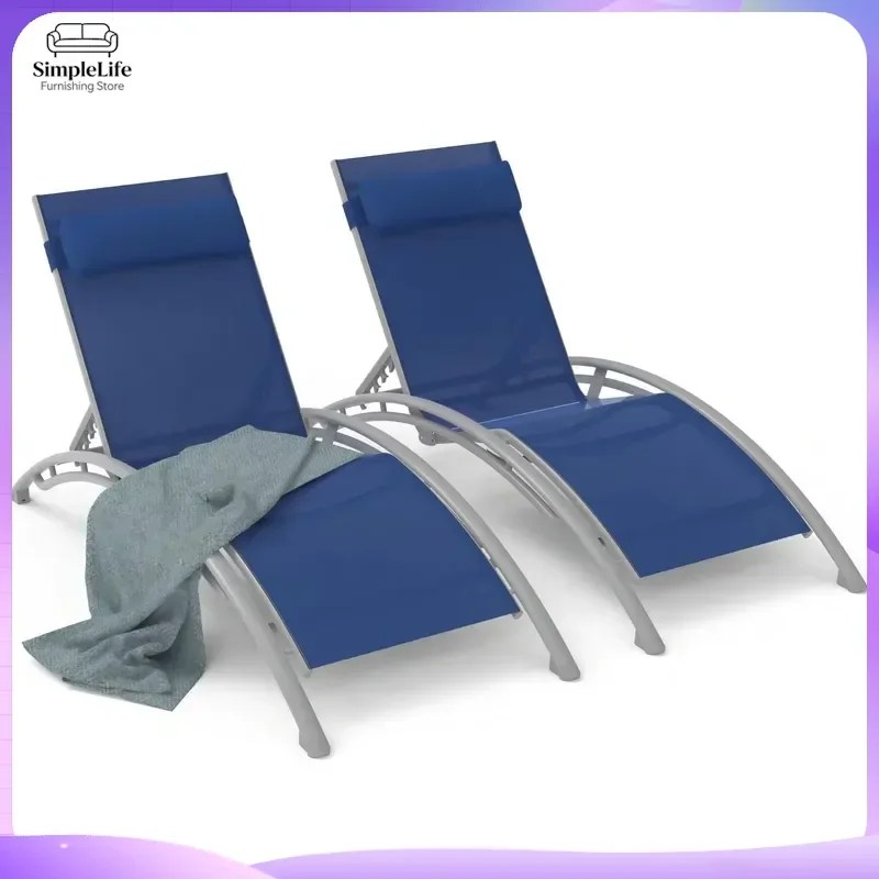 Blue Two-Piece Adjustable Lounge Chair Set Indoor Outdoor Terrace Patio Beach Pool Lawn Sunbathing Recliner with Removable