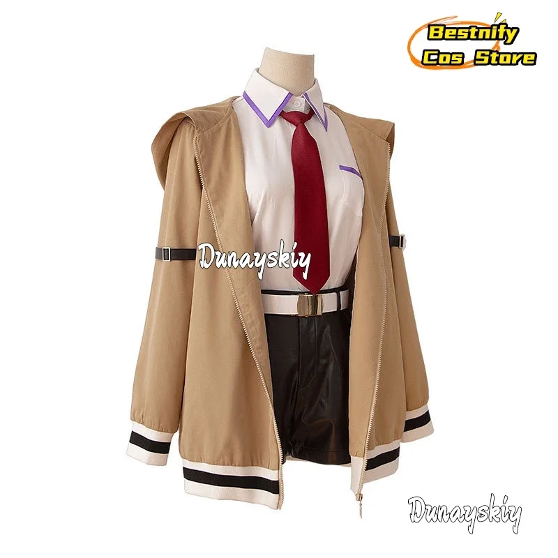 زي تنكري أنيمي ستينز بوابة Makise Kurisu زي تنكري كاكي سترة واقية سترة قميص شورت شعر مستعار امرأة لعب الأدوار