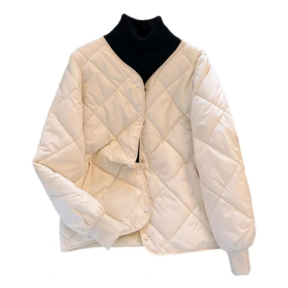 Women Cotton Jacket Hooded Cotton Jacket Winter Down Coat with Pockets Padded V Neck Jacket Rhombus Stitching Zip-up for Weather