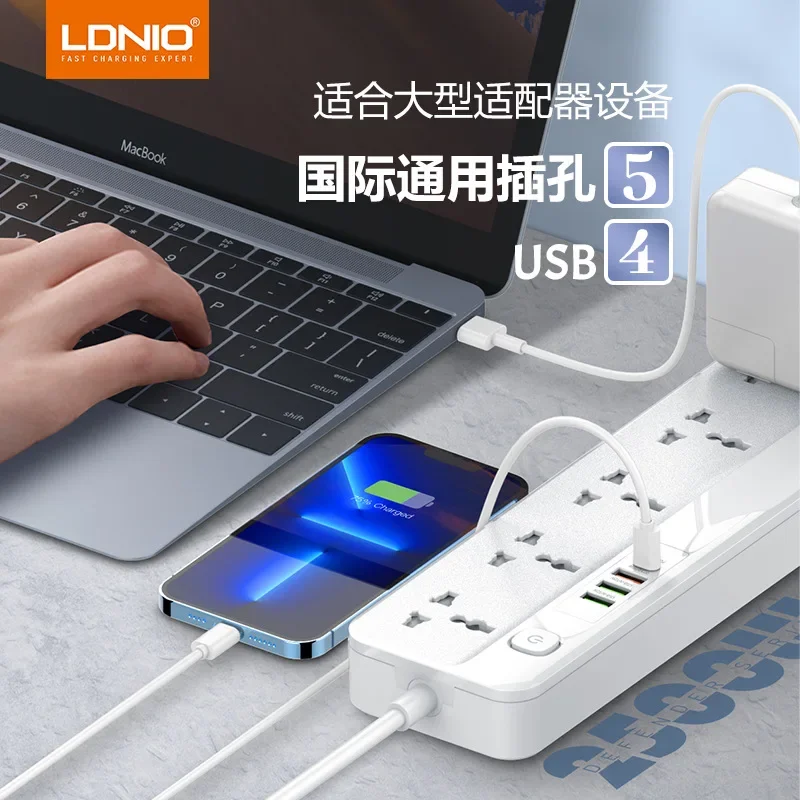 LDNIO Power Strip EU UK US Outlet Plug 2m Extension Cord 2500W 5 Universal Sockets with 3 USB 1 Type-C PD Quick Charge Adapter