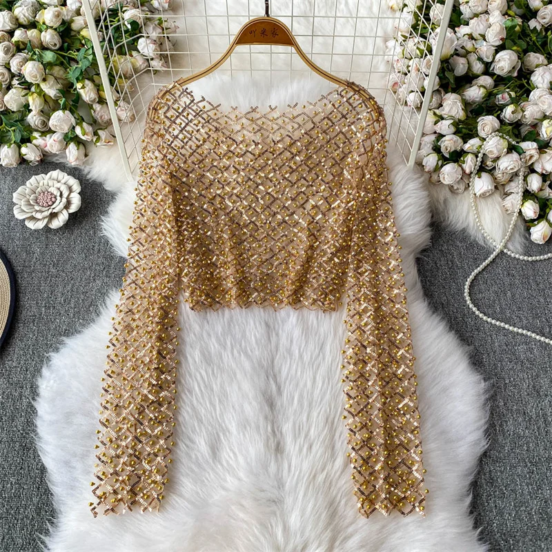 

Golden Glitter T-shirt for Women New Stylish Bead Sequin Cheerleader Crop Tops Slim Round Neck Long Sleeved See-trough Tops