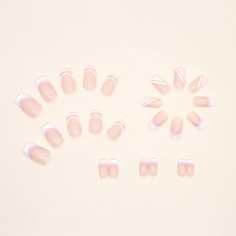 24pcs Summer Short French Minimalist Nails White Cheap False Nails Medium Decorated Acrylic Press on Nail with Full Set of Tools