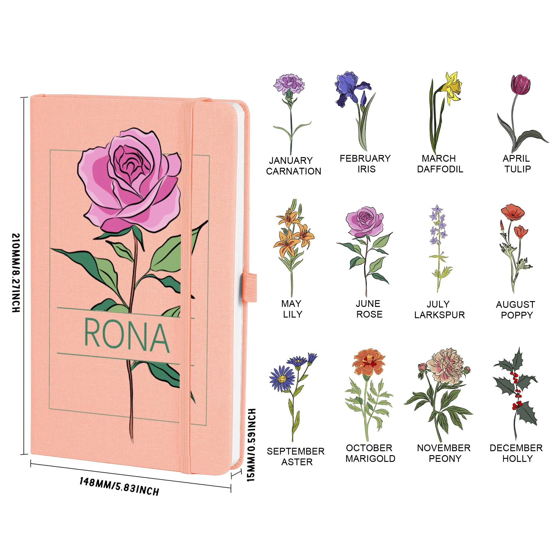 Personalized Custom Name Birth Flower Notebook Lined A5 Note Books Writing Pads for Birthday Gift Stationery Journal Wholesale