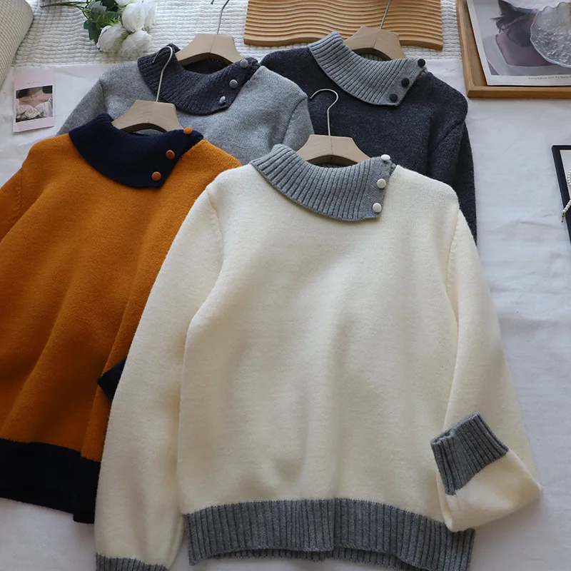 فضفاض الكورية Sle اللون بلو طوق المرأة تريكو سترة ملابس داخلية غير رسمية طويلة Sve النسيج الناعم الخريف الشتاء #4