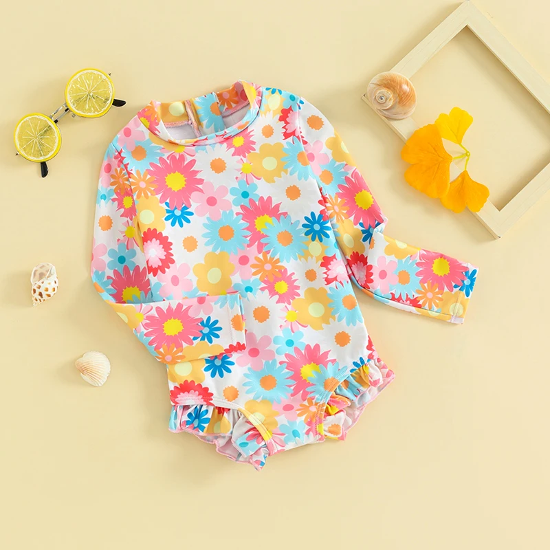 

Baby Girl Swimsuit Long Sleeve Jumpsuit Swimwear with Headband Infant Bathing Suit