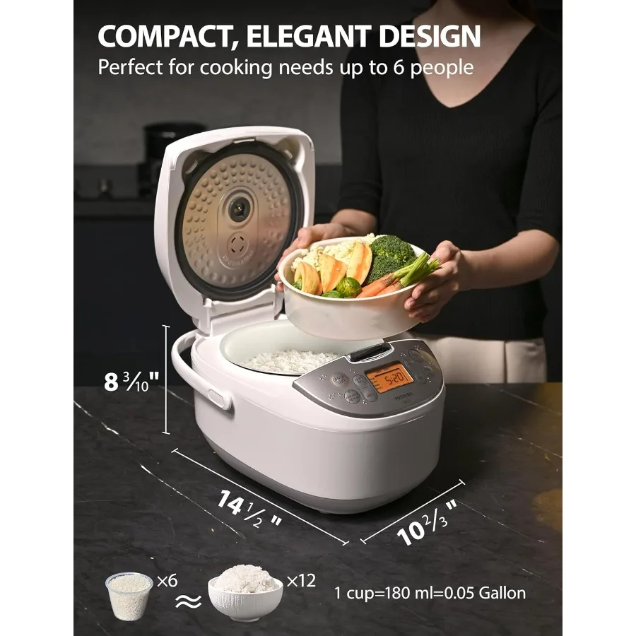 6 Cup Uncooked Japanese Rice Cooker with Fuzzy Logic Technology for Precise Cooking 7 Cooking Functions Including Steam and Slo