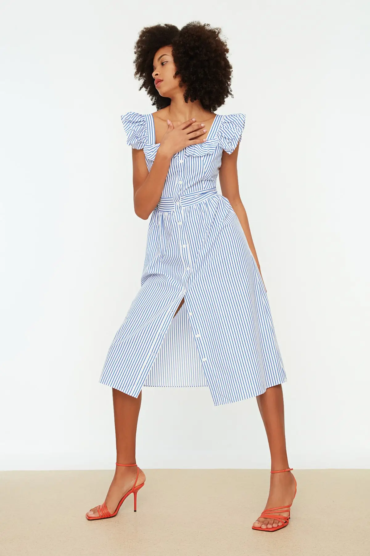 Blue Square Collar Frilly Striped Dress Beautiful And Elegant Look