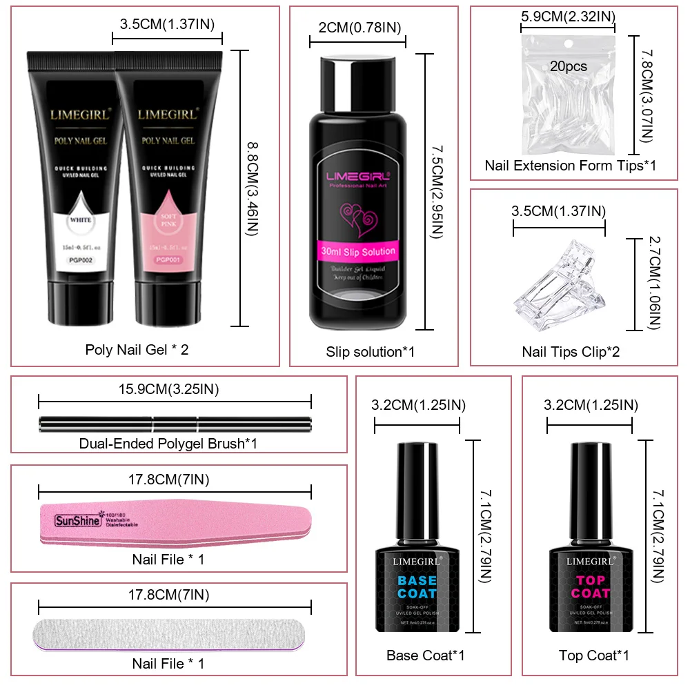 LIMEGIRL Nagellak Gel Set voor Nagels Verlenging Glitter Effen Kleur Gel Polish Kit Quick Extension Gel Soak Manicure Art DIY