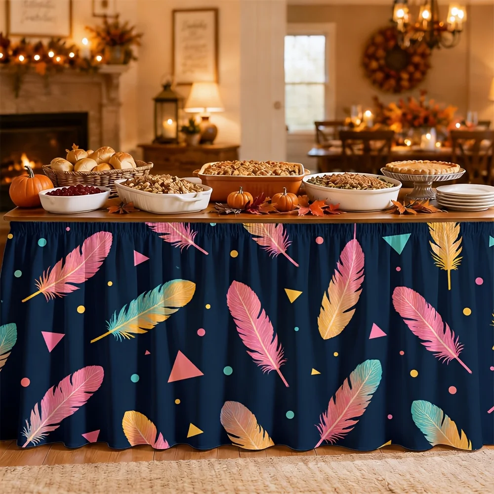 Tablecloth, colorful feathers, geometric embellishments, lively style, holiday party, Thanksgiving, Halloweenxzj