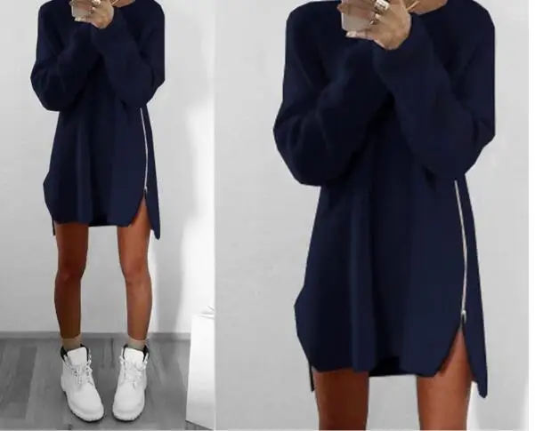 Women Long Sleeve Autumn Winter Knitted Zippers Side Jumper Sweater Dress Loose Tunic Baggy Dresses